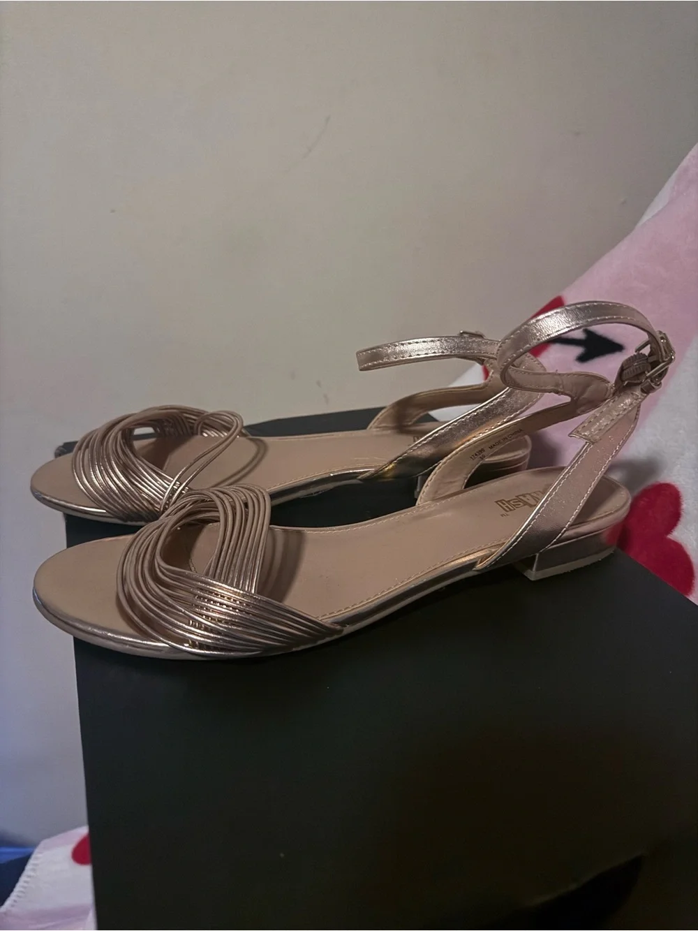 Metallic Rose Gold Strappy Flat Sandals, Size 11
